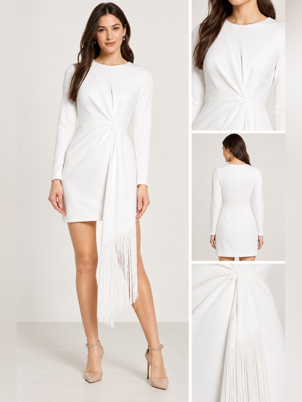 One33 Social Dress White Long-Sleeve Fringe Detail Mini Dress